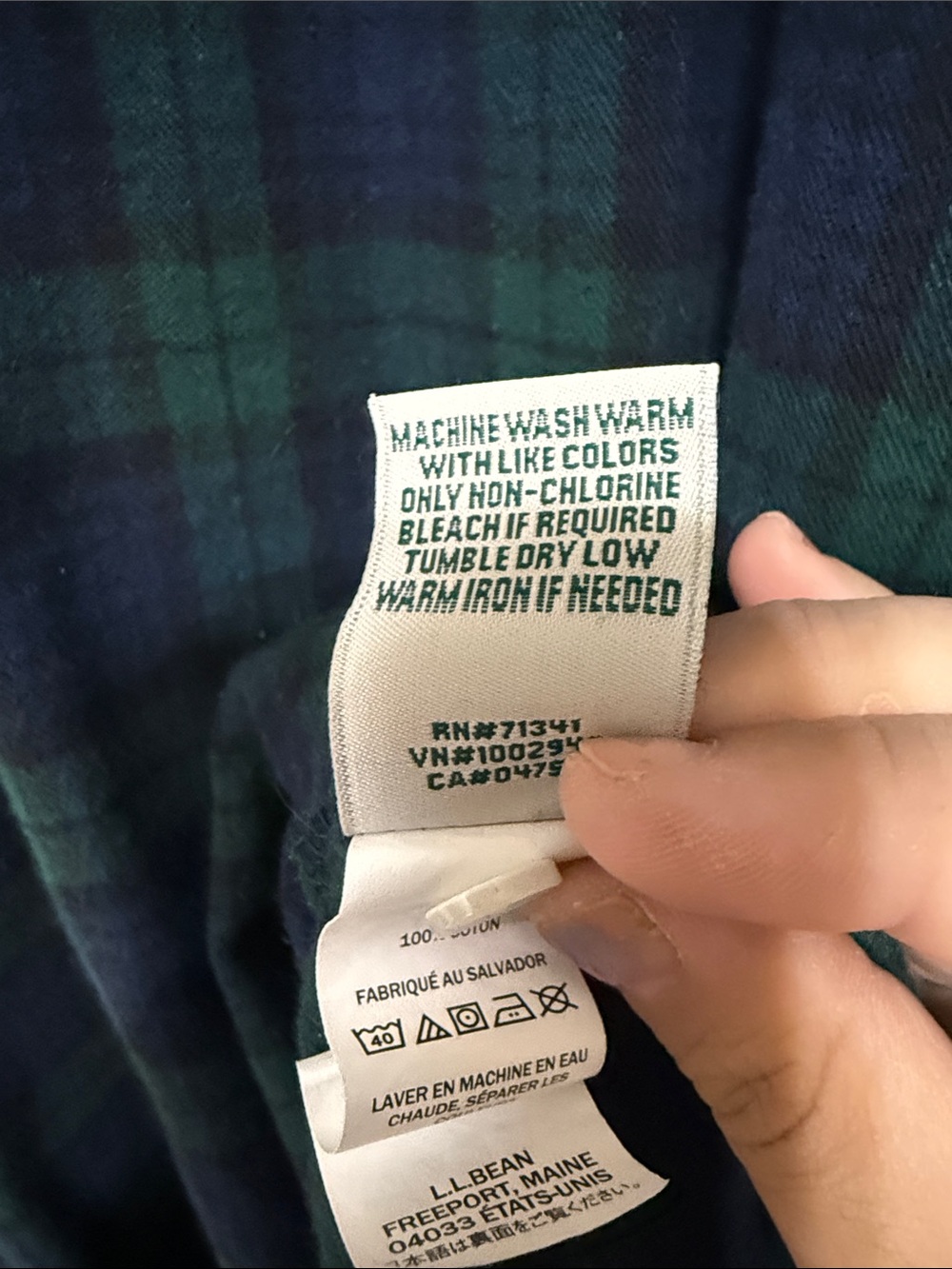 L.L. Bean Navy and Green Plaid Button-Front 100% cotton flannel nightgown - Picture 4 of 4